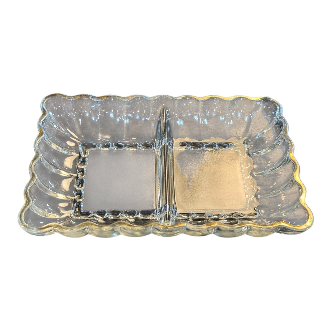 Jeannette Clear Glass Divided Relish/Candy Dish with Gold Trim