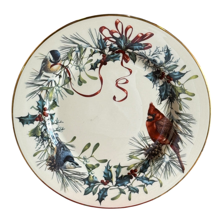 Lenox Winter Greetings Salad Plate Cardinal Holly Ribbons