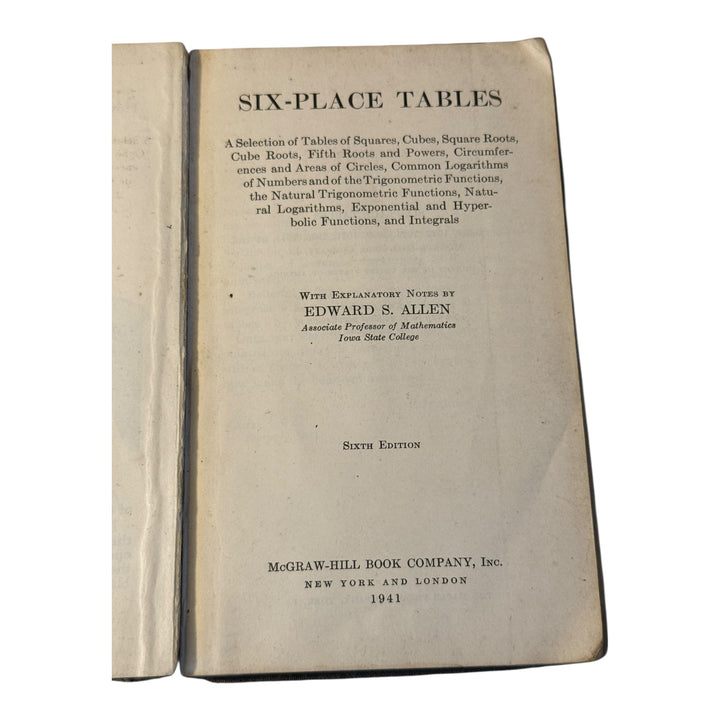 Six-Place Tables 1941 McGraw-Hill Vintage 6th Ed Math Tables Book