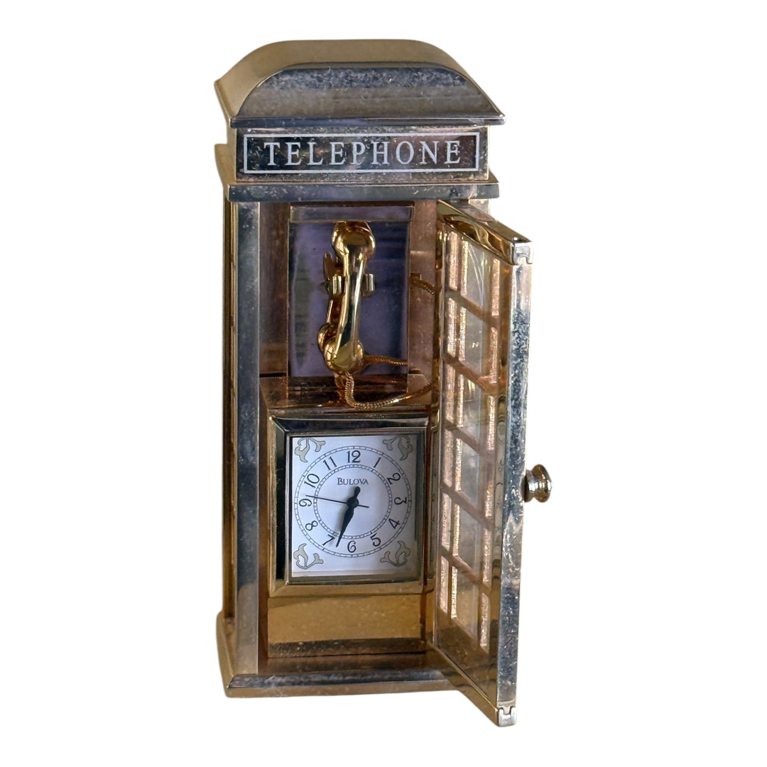 BULOVA Telephone Booth Mini Clock Metal Gold Tone Vintage