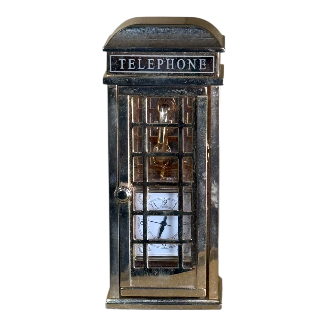 BULOVA Telephone Booth Mini Clock Metal Gold Tone Vintage