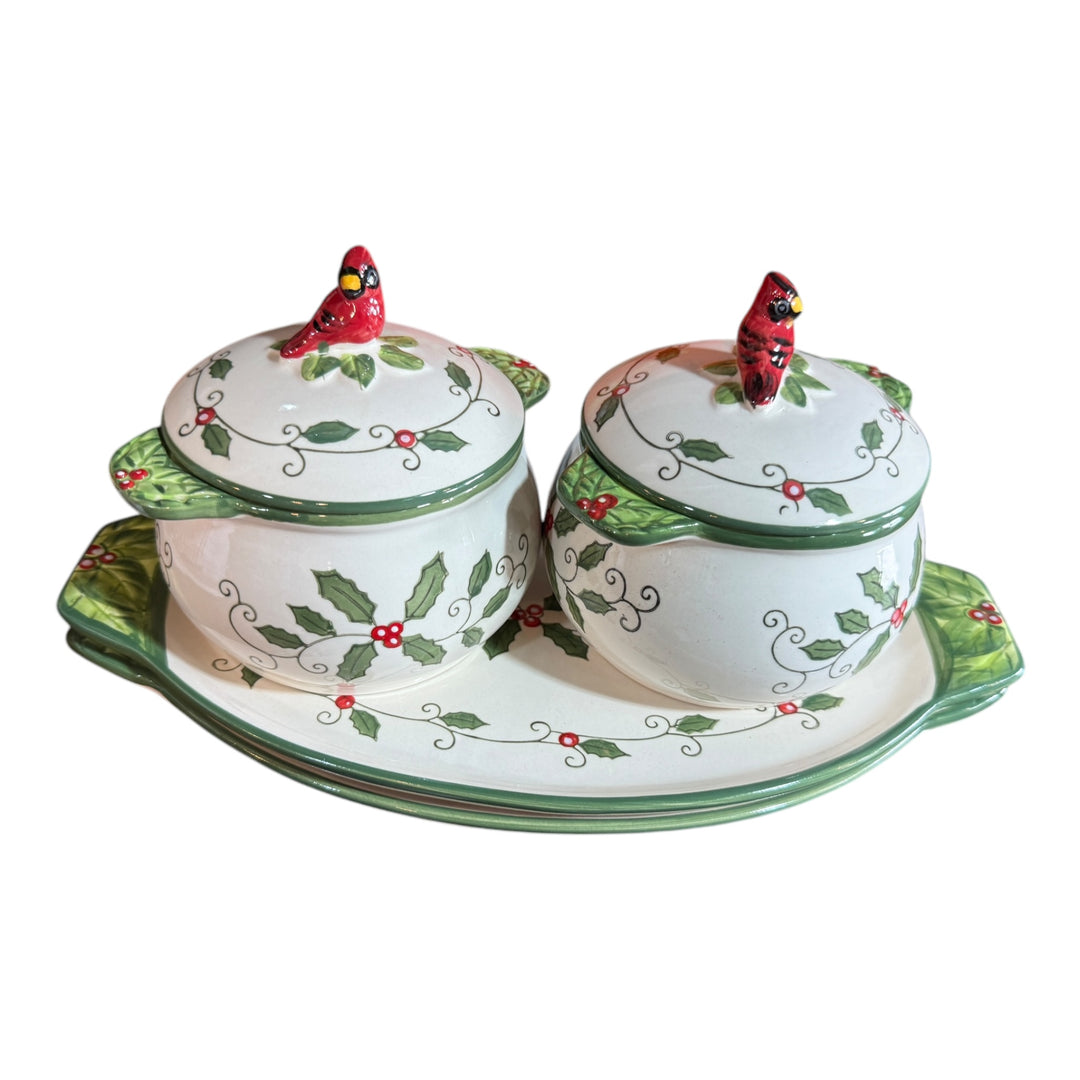 Temp-tations Set (Christmas Holly) Covered Soup Bowl & Dish Set of 2