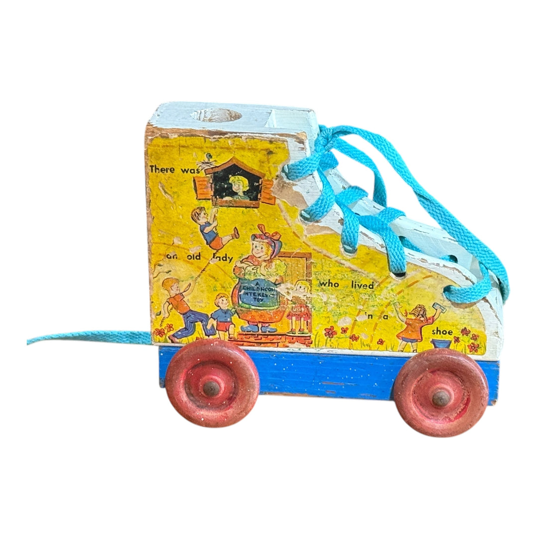 Vintage Wooden Old Lady Who Lived in a Shoe Lacing Toy