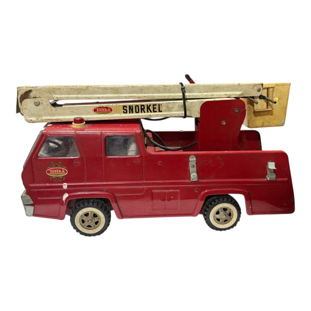 Tonka Snorkel Bucket Fire Truck, With Hose, Vintage Pressed Steel, TNK-27