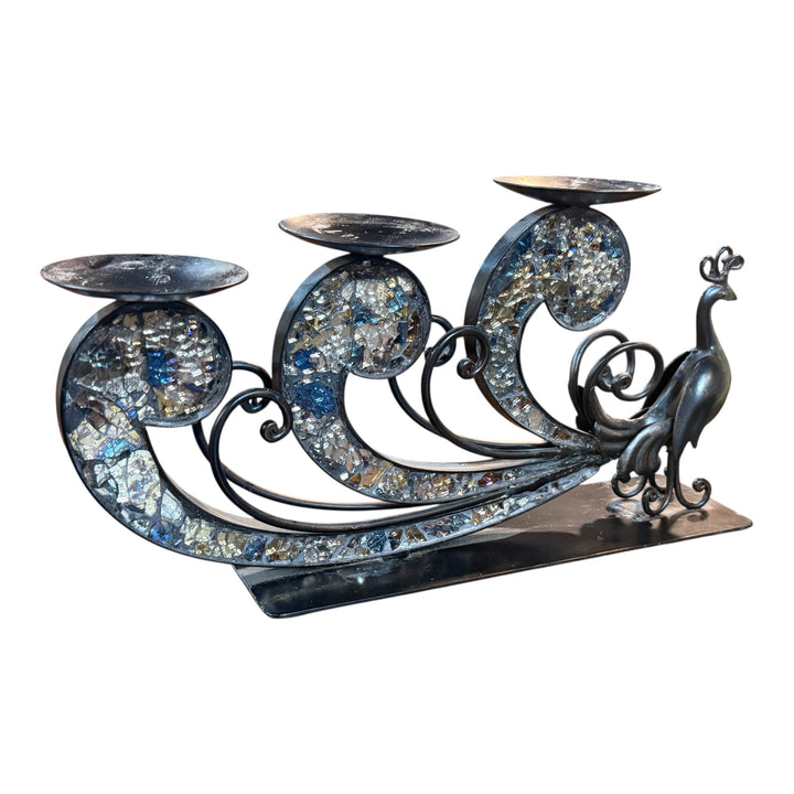 Pier 1 Import Metal Ornate Peacock 3 Candle Holder Mosaic