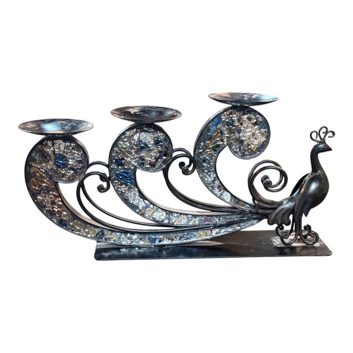 Pier 1 Import Metal Ornate Peacock 3 Candle Holder Mosaic