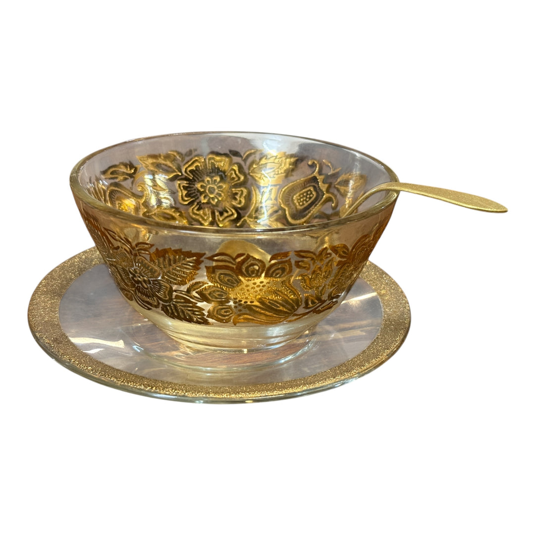 George Briard Gold Flowers MCM Bowl with Plate/ Spoon