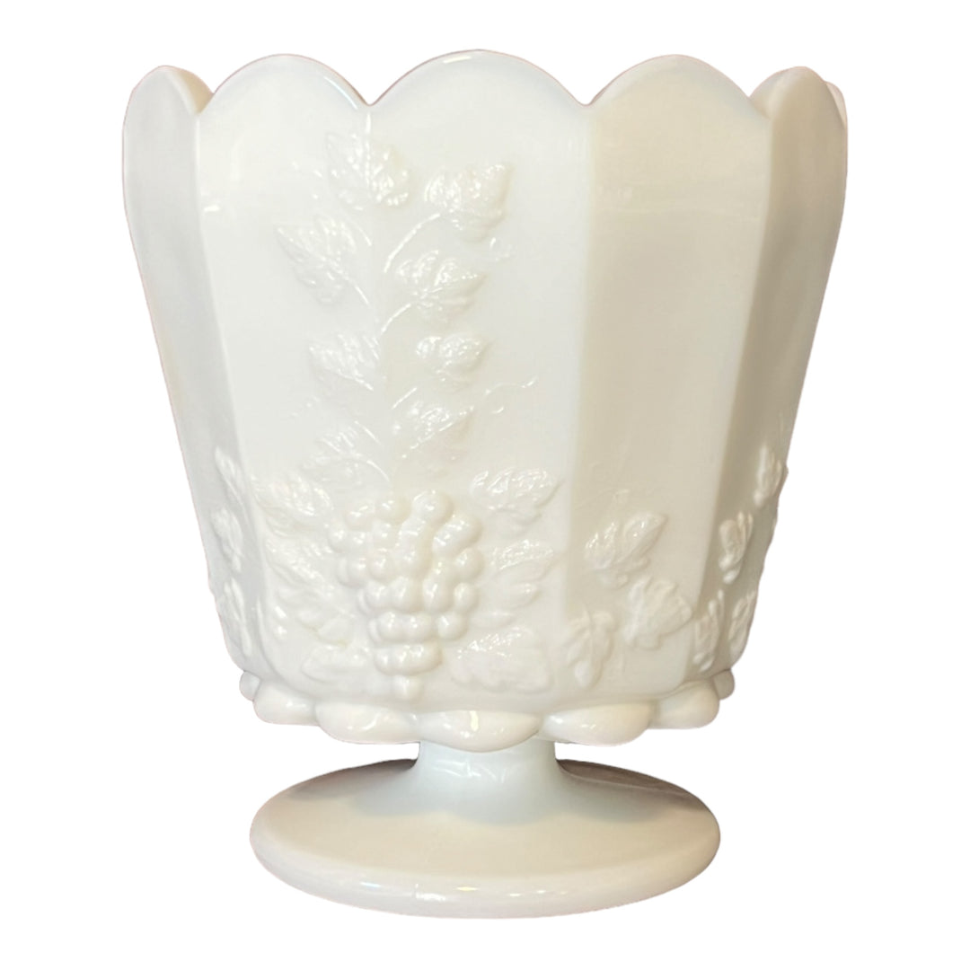 Milk Glass Paneled Grape Pattern Footed Jardiniere