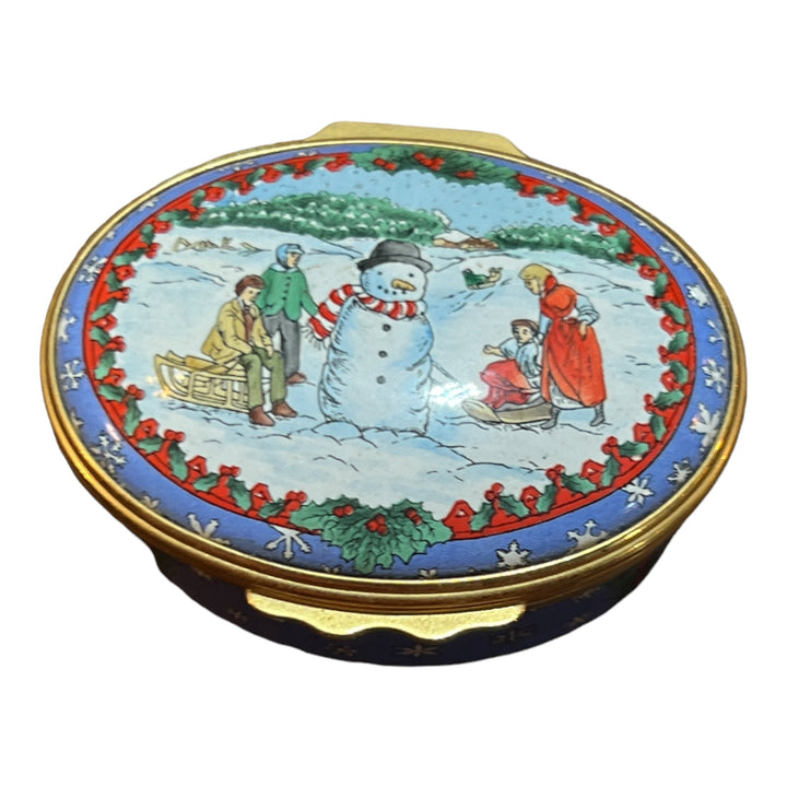 Halycon Days Enamels - Christmas Enamel Trinket Box Family Sled Winter Snow Snowman