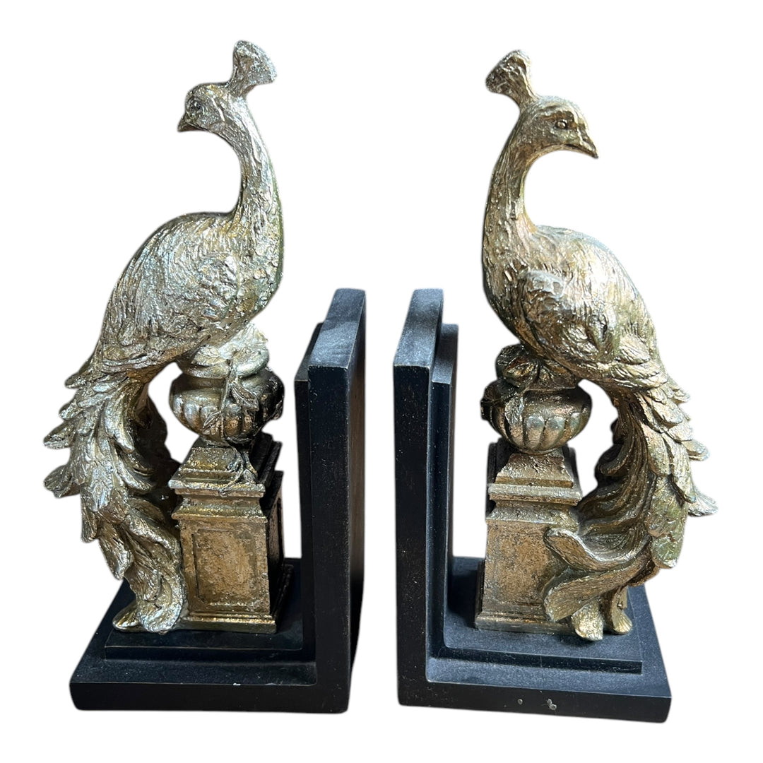 Set of 2  Gilt Resin Goldish Peacock Bookends