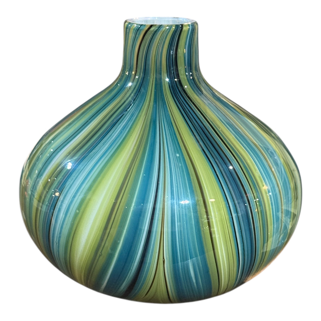 Art Glass  Bulb Vase Green Blue Swirl