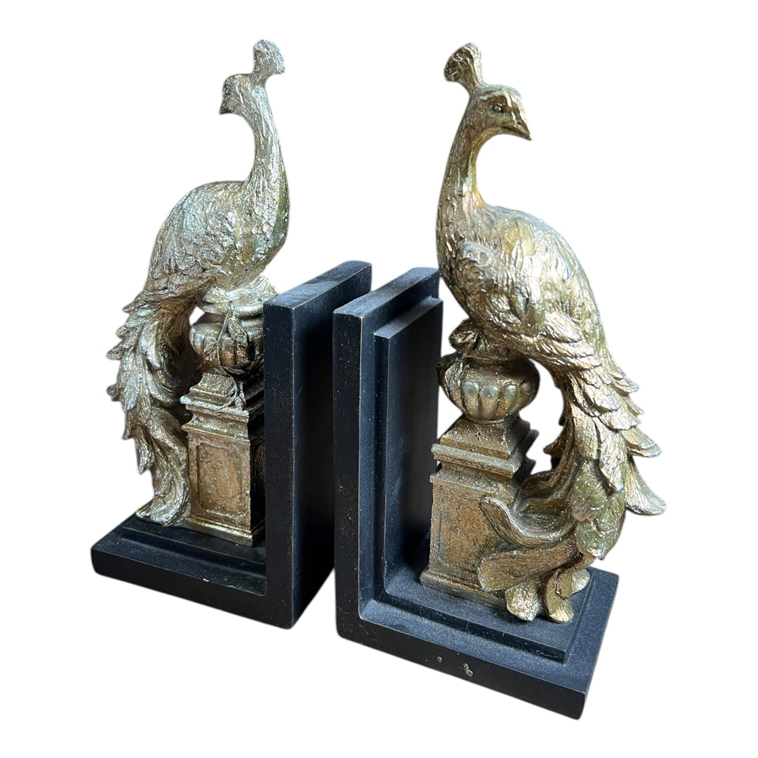 Set of 2  Gilt Resin Goldish Peacock Bookends