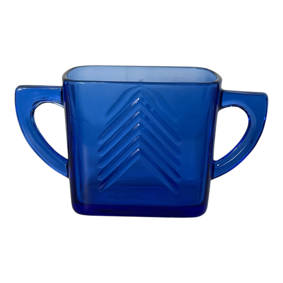 Cobalt Blue Vintage Hazel Atlas Chevron Pattern Glass Sugar Bowl Handles