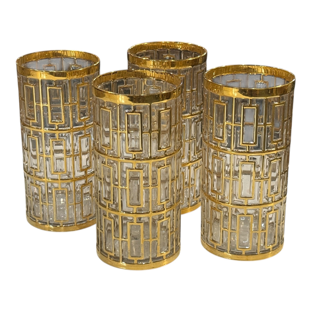 Shoji Gold Imperial Glass MCM Hollywood Regency Highball Glasses