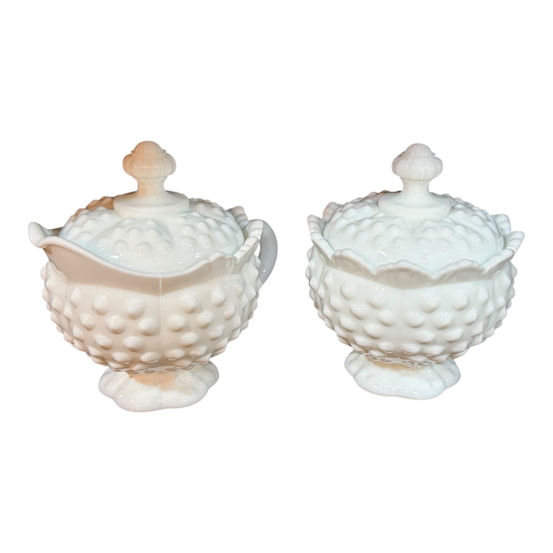 Hobnail Fenton White Milk Glass Creamer and Lidded Sugar Bowl