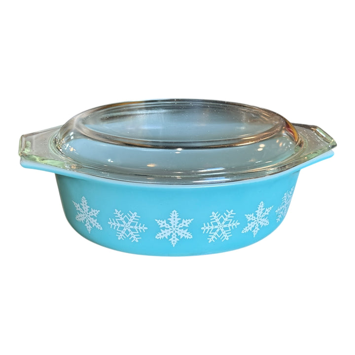 Vintage Pyrex 045 Turquoise Snowflake Oval Casserole Dish with Lid 2 1/2 qt