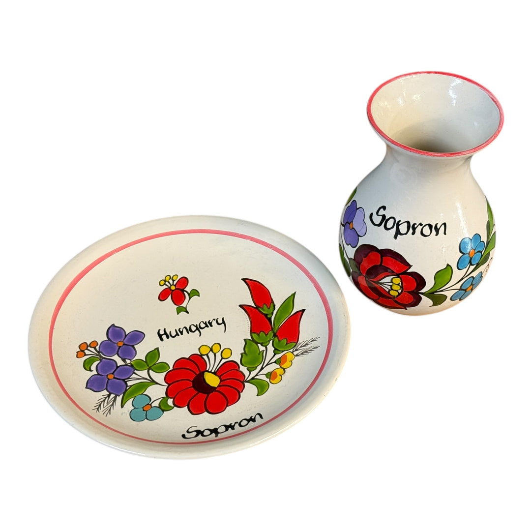 Vintage Hungarian Hand-painted Floral Pottery Set