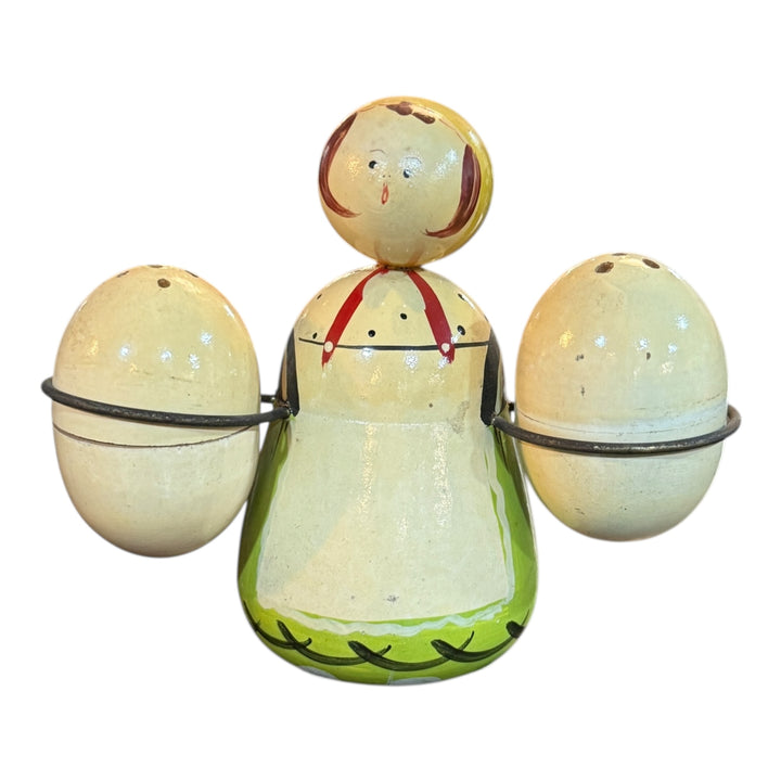 Wooden Lady Woman with Eggs Nesting Salt Pepper Shaker Set