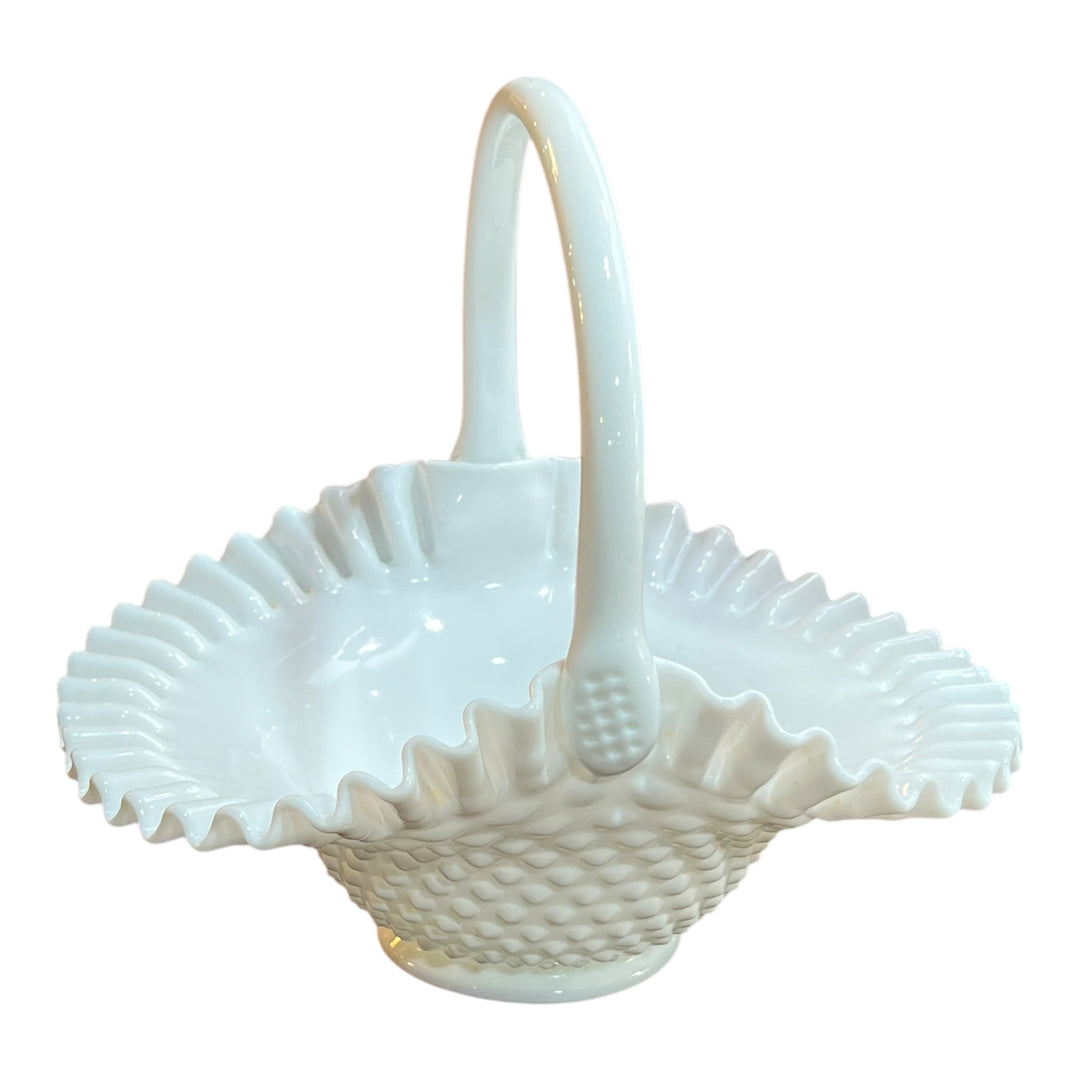 Large Vintage Fenton Hobnail White Milk Glass Basket with Handle