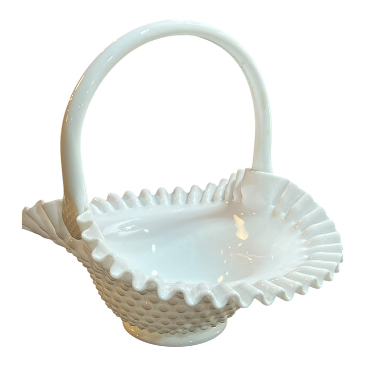 Large Vintage Fenton Hobnail White Milk Glass Basket with Handle