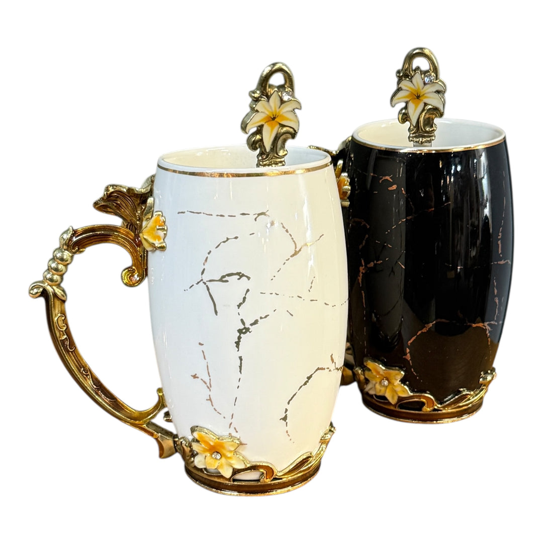 Floral Ceramic Mugs with Spoon, Set of 2
