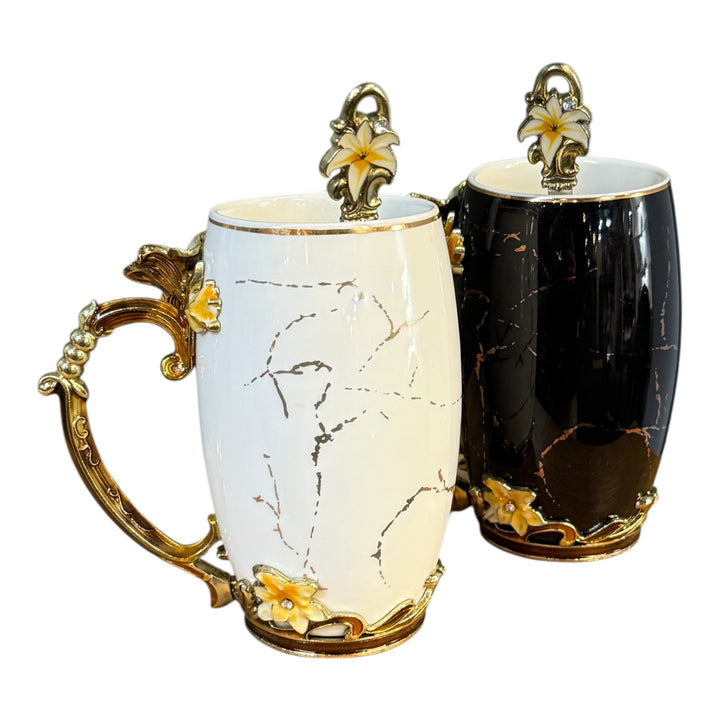 Floral Ceramic Mugs with Spoon, Set of 2