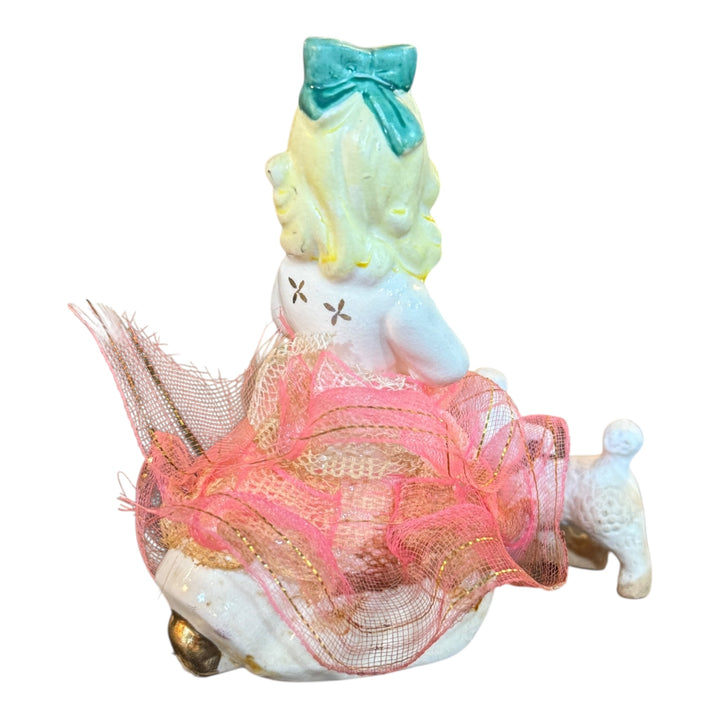 Vintage MCM Porcelain Pink Girl With Poodle On Chain