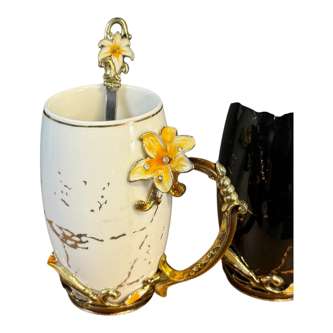 Floral Ceramic Mugs with Spoon, Set of 2