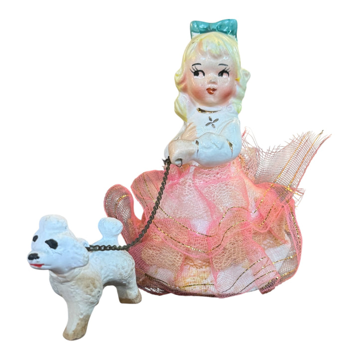 Vintage MCM Porcelain Pink Girl With Poodle On Chain