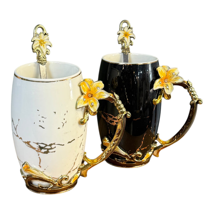 Floral Ceramic Mugs with Spoon, Set of 2