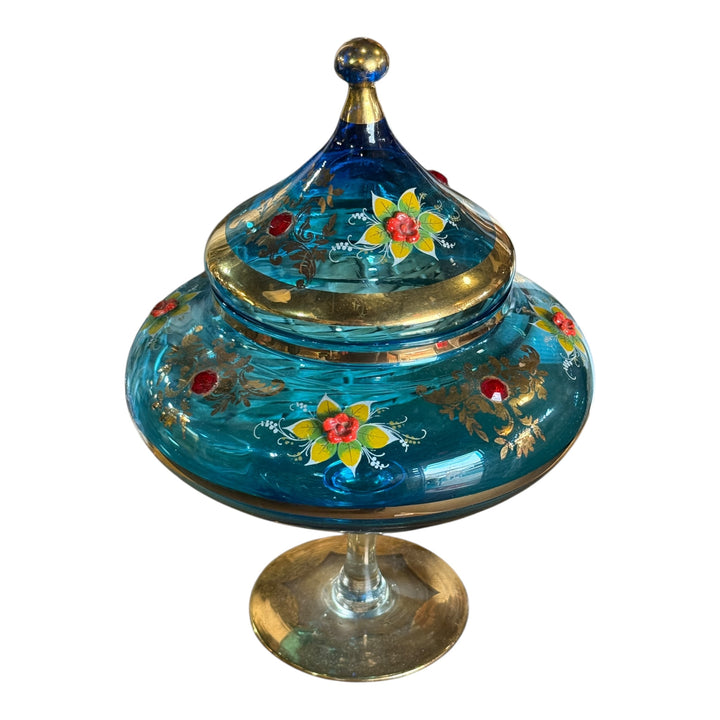 Vintage Moser Bohemian Czech Floral Jewels and Gold Glided Blue Jar Large