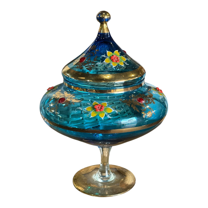 Vintage Moser Bohemian Czech Floral Jewels and Gold Glided Blue Jar Large