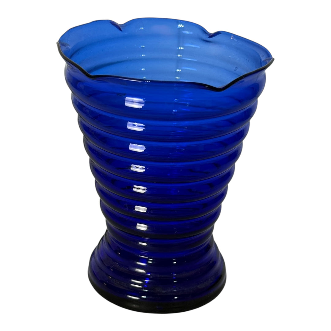 Handblown Cobalt Blue Small Glass Vase Ruffle Ribbed