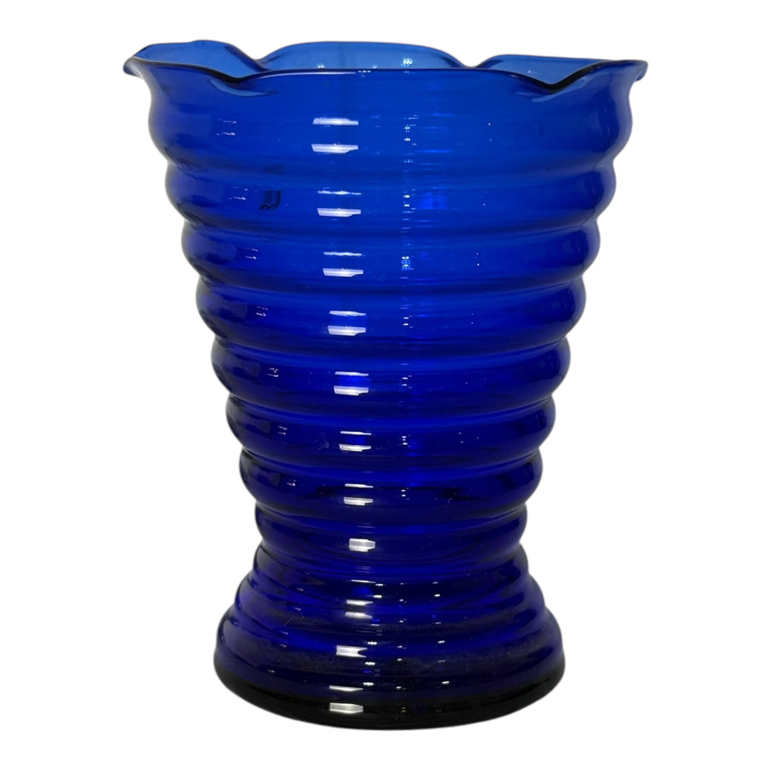 Handblown Cobalt Blue Small Glass Vase Ruffle Ribbed