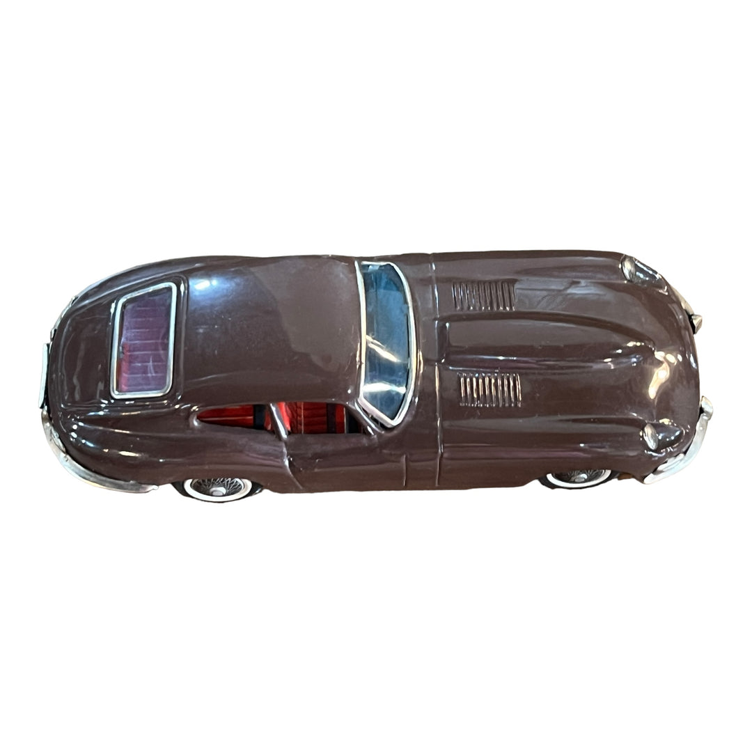 1960s Jaguar XK-E Tin Friction 8" Toy Car by Bandai Japan Vintage Dark Brown