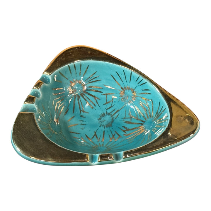 Vintage Mid Century Modern Atomic Starburst Turquoise & Gold Ashtray