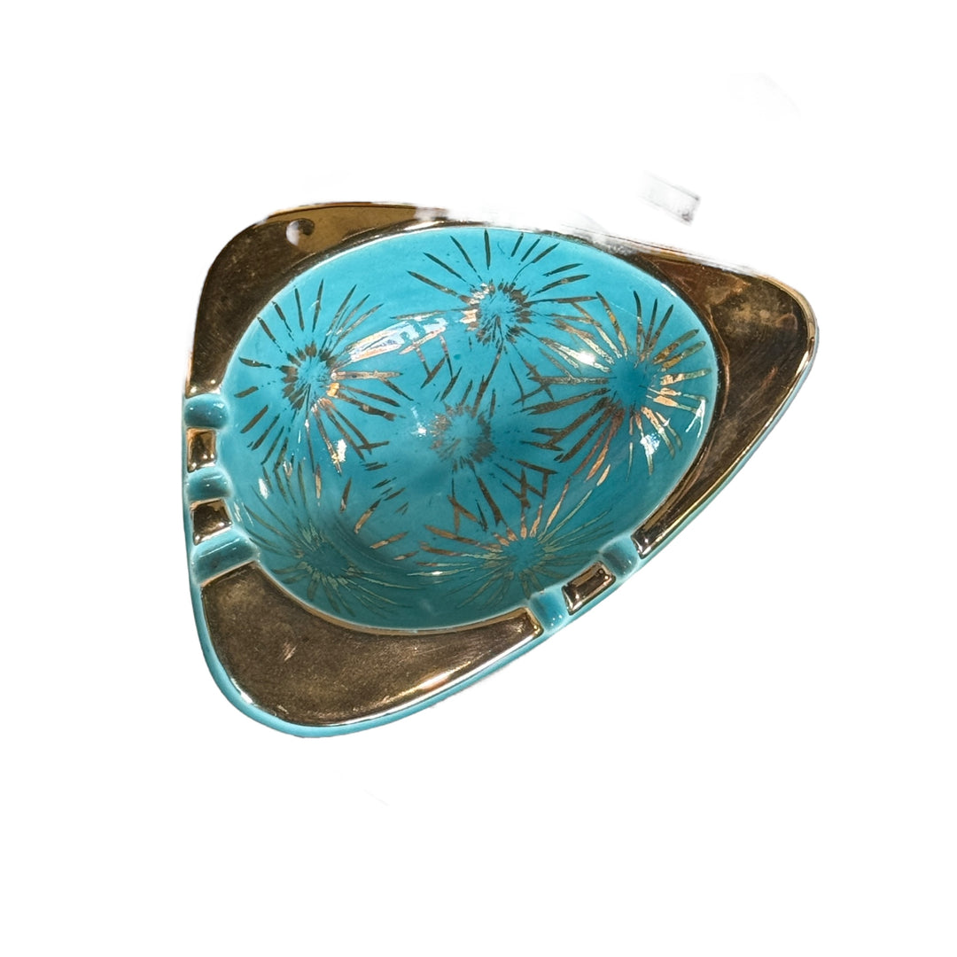 Vintage Mid Century Modern Atomic Starburst Turquoise & Gold Ashtray