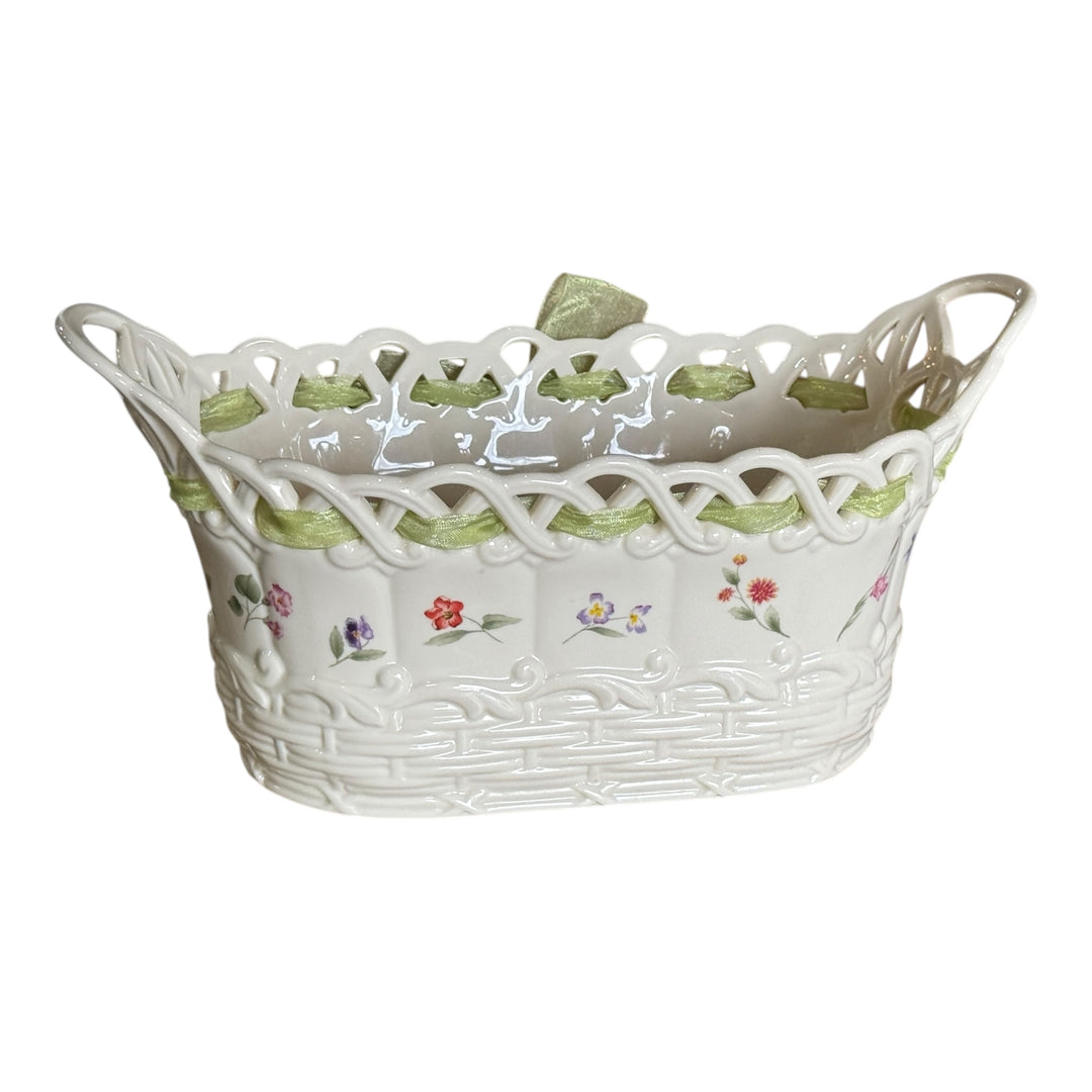 Lenox Posy Baskets Centerpiece Ivory Mixed Floral Ribbon Reticulated
