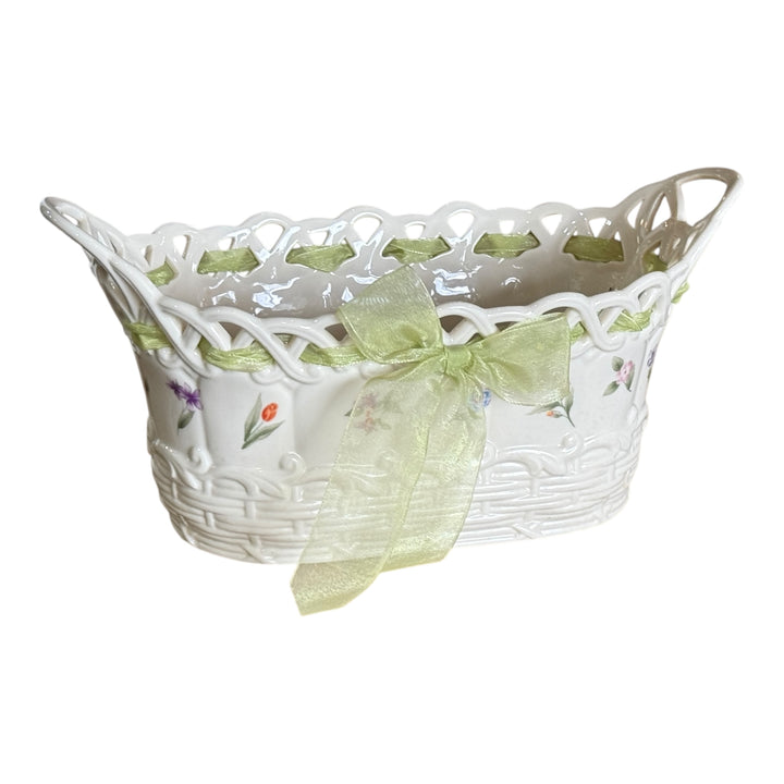 Lenox Posy Baskets Centerpiece Ivory Mixed Floral Ribbon Reticulated