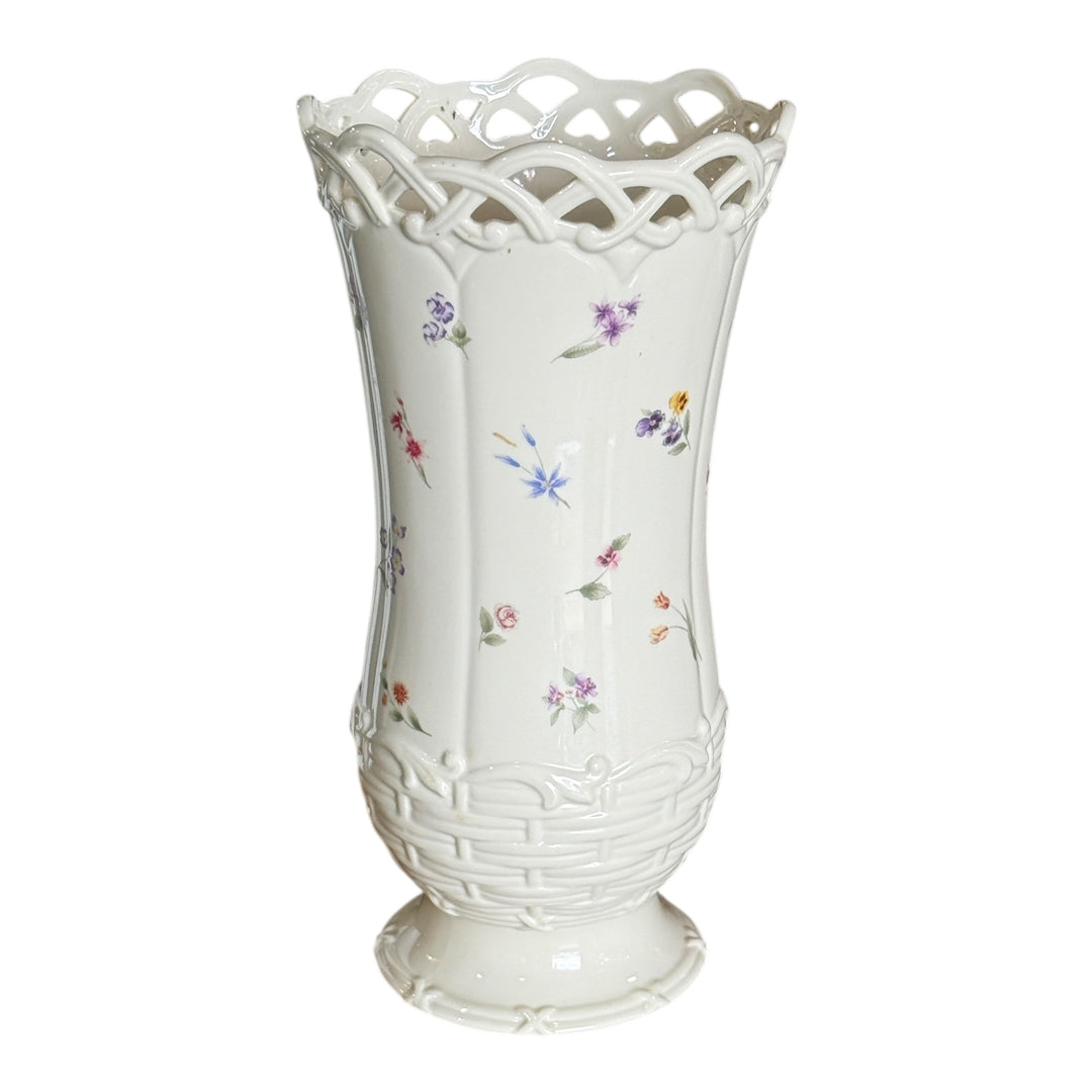 Lenox Posy Baskets Bulbous Vase 9.5" Tall Embossed Pierced Flowers Beautiful