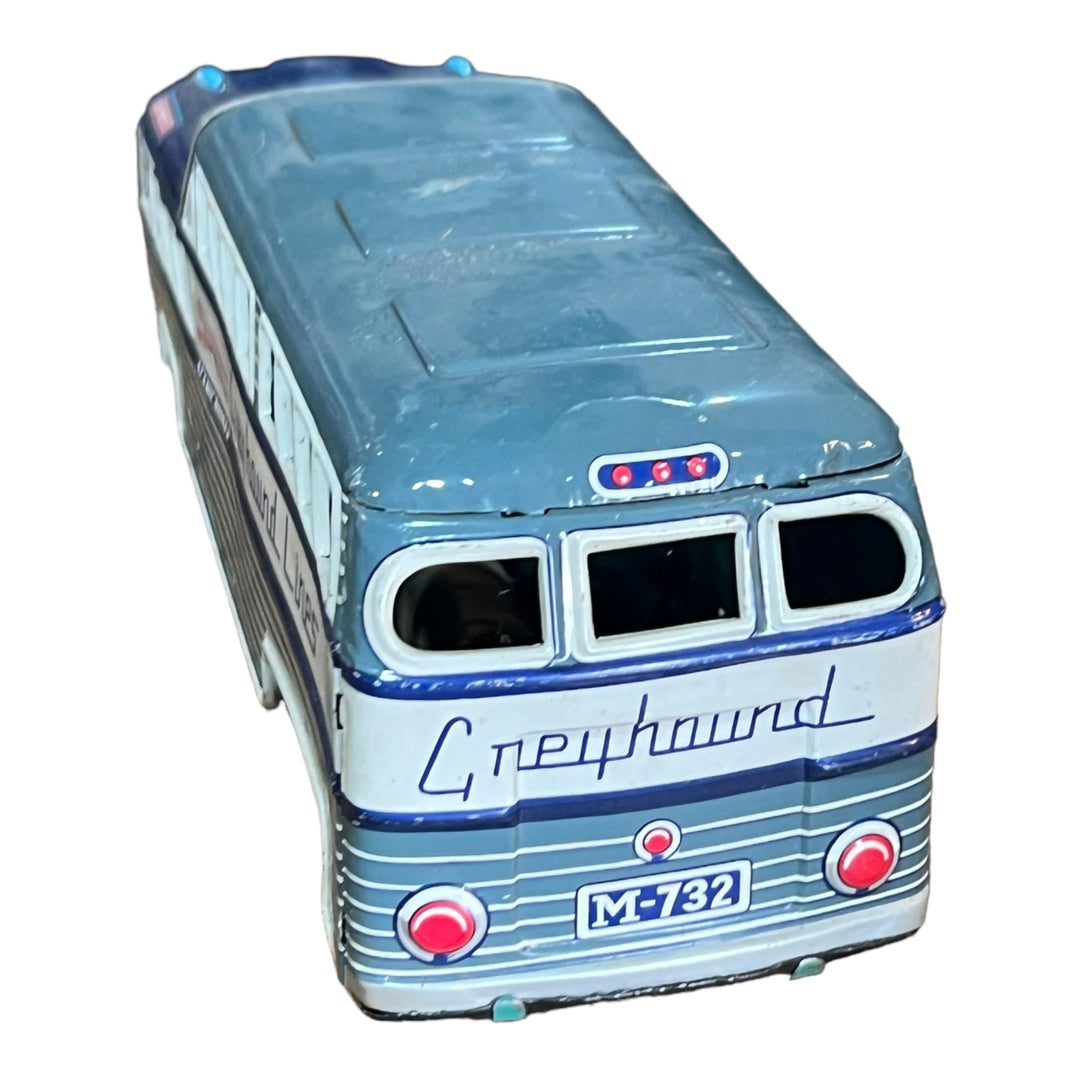Vintage Tin Litho Friction Powered Greyhound Coach Bus Toy