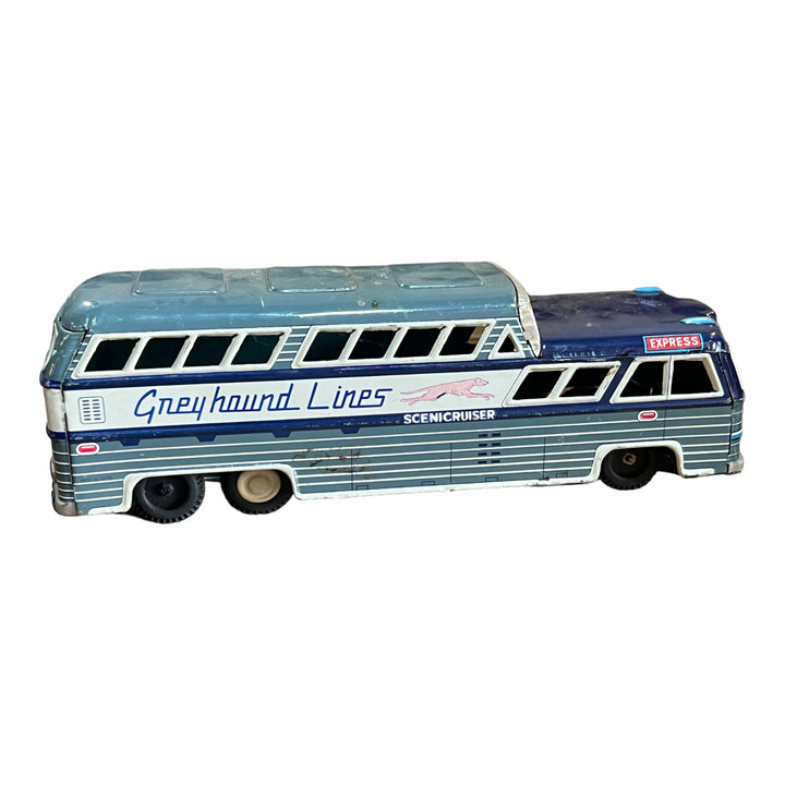 Vintage Tin Litho Friction Powered Greyhound Coach Bus Toy