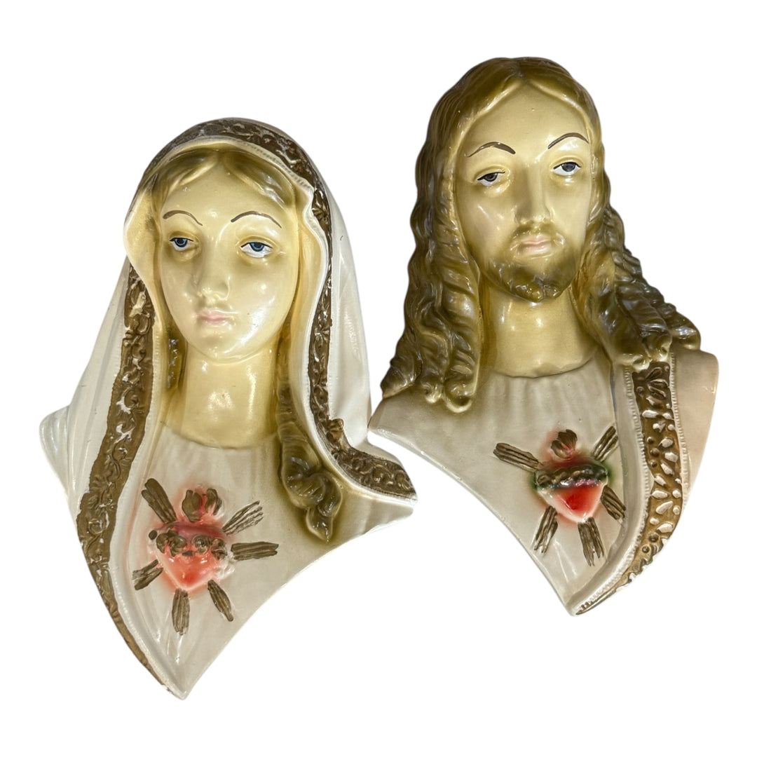 Vintage Jesus & Mary Sculpted Bust Wall Hanging Plaques Religious