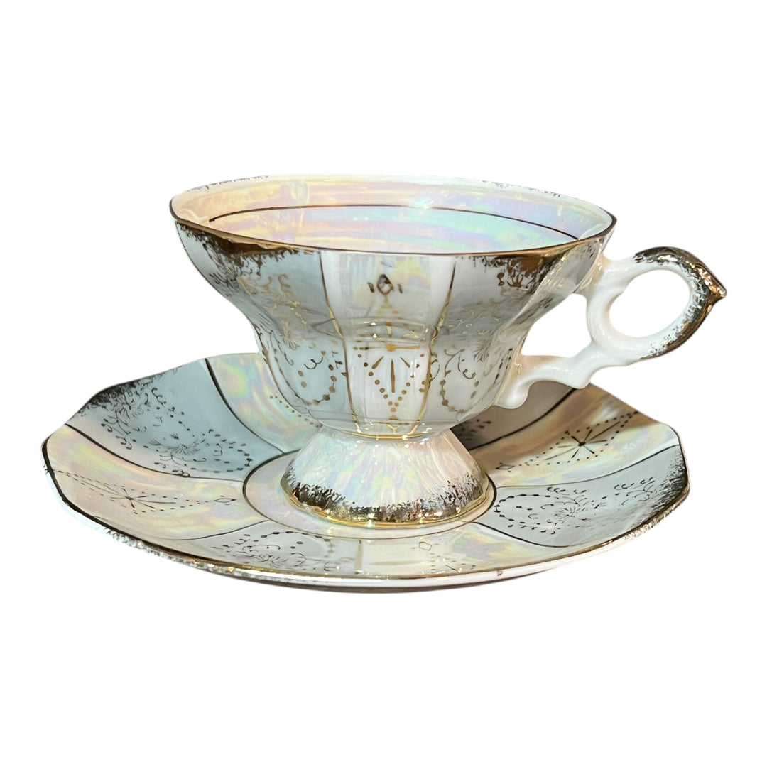 Royal Crown Iridescent Blue Teacup With Saucer Gold Trim