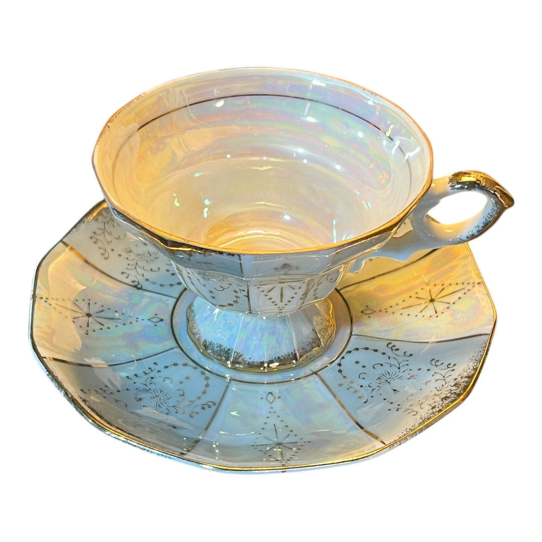 Royal Crown Iridescent Blue Teacup With Saucer Gold Trim
