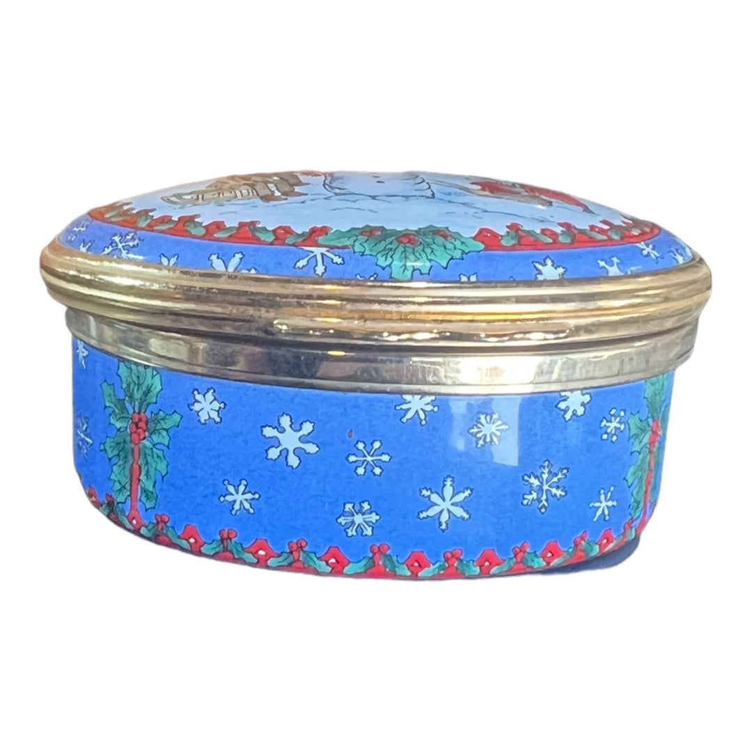 Halycon Days Enamels - Christmas Enamel Trinket Box Family Sled Winter Snow Snowman