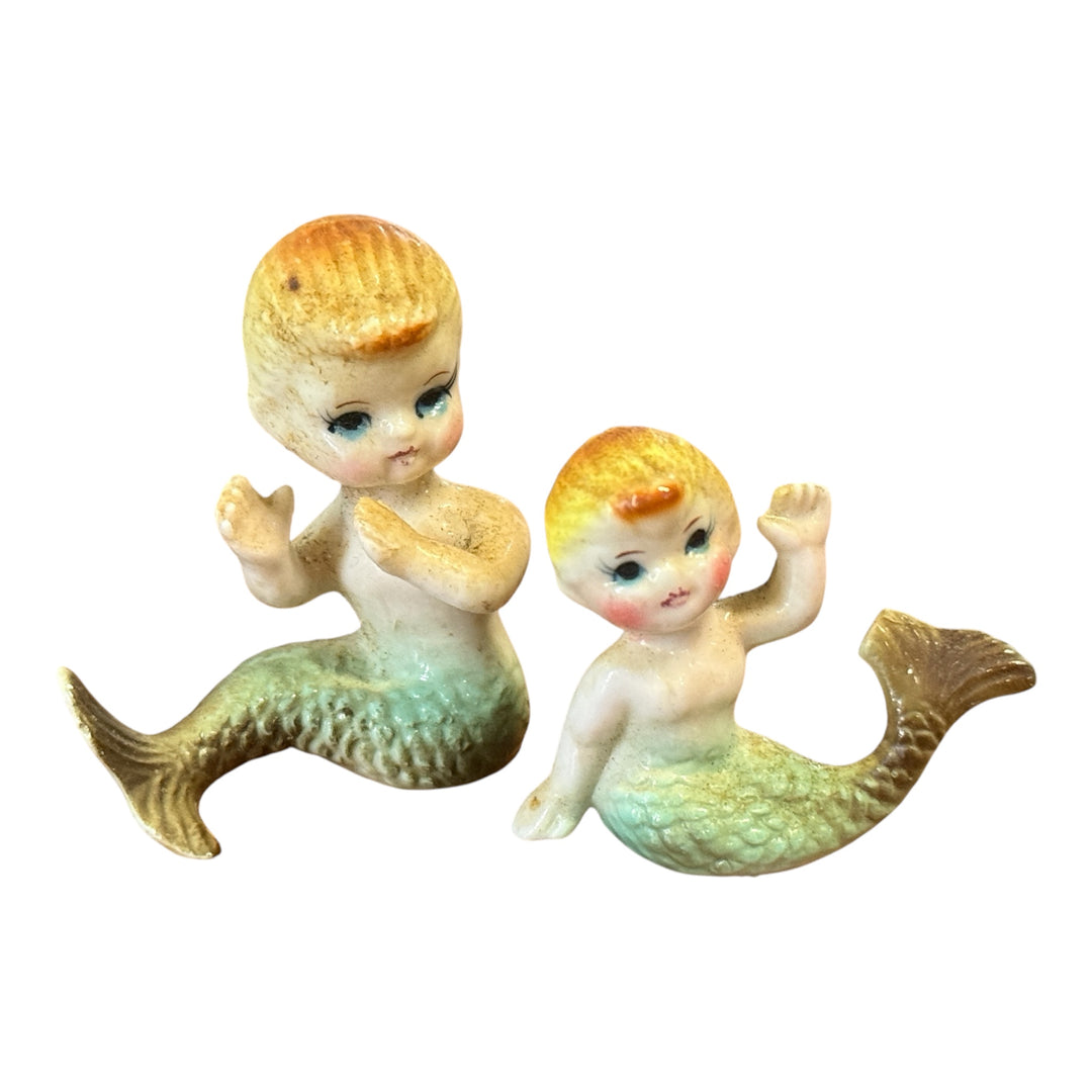 Vintage Mermaid Bone China Figurine Japan Set of 2