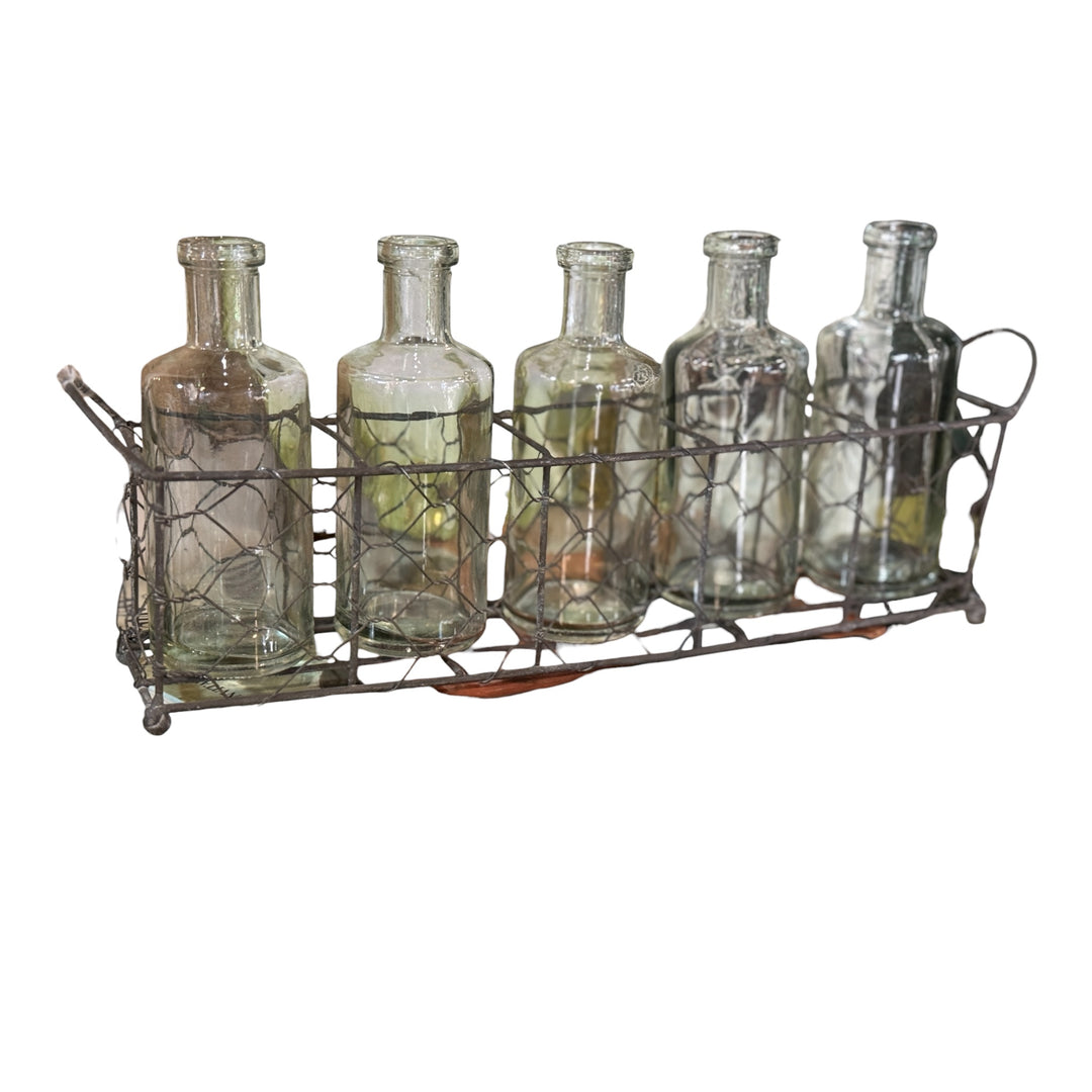 Creative Co-Op 5 Glass Vase Bottles on a Rectangle Metal Holder with Handles