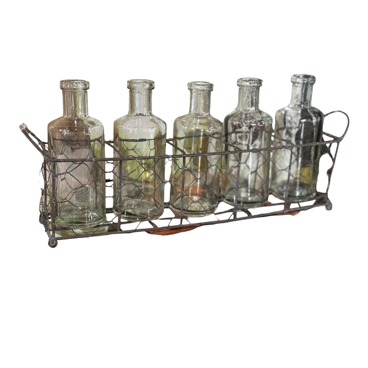 Creative Co-Op 5 Glass Vase Bottles on a Rectangle Metal Holder with Handles