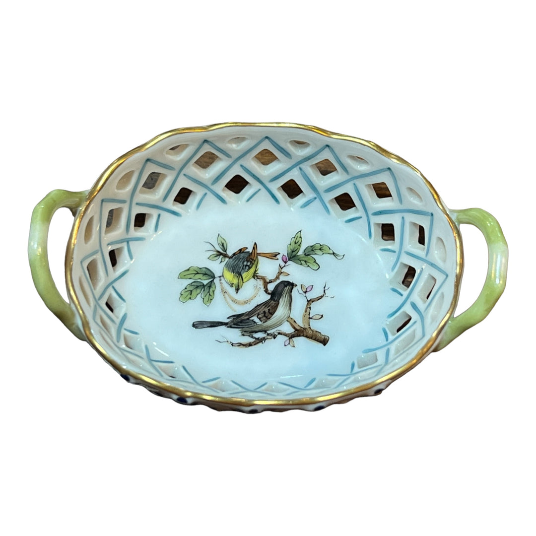 Herend Hungary - Open Weave Basket w/Birds